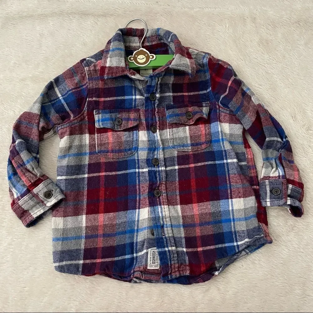 𝅺oshkosh Toddler Red Blue Plaid Long Sleeve Flannel Shirt Size 3T